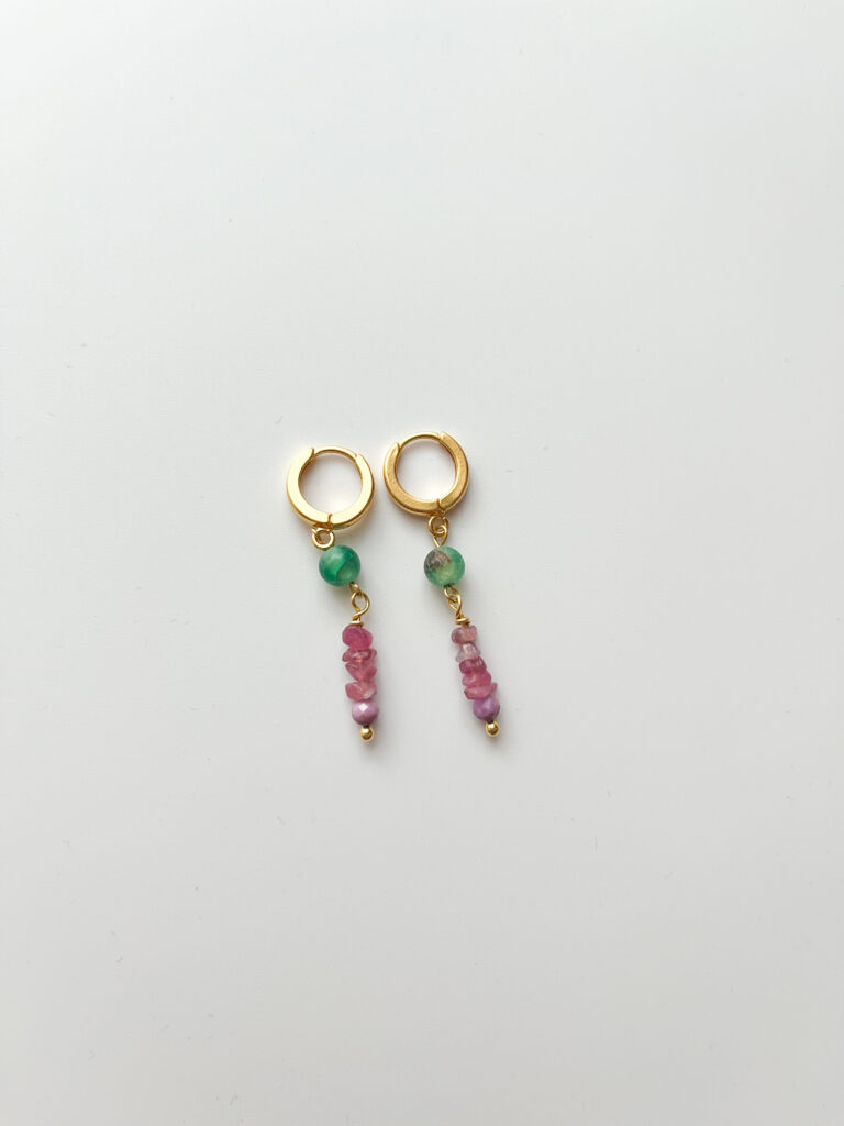 Green and Pink, Together Agate & Tourmaline Hoop Earrings